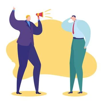 Work problems vector illustration, cartoon flat angry boss character shouting in Stock Illustration