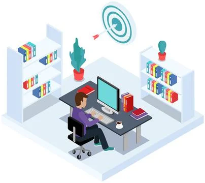 Work process and design of workplace. Employee working from home or office with Stock Illustration