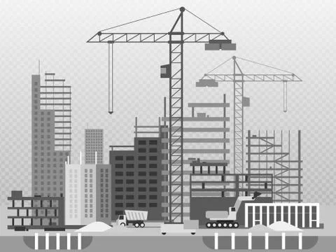 Work process of buildings construction and machinery isolated on transparent Stock Illustration