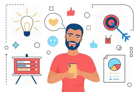 Work process of business people, man holding mobile phone with presentation Stock Illustration