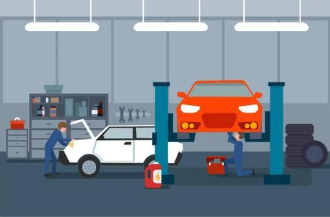 Work process in car and tire services. Automobile repair and mechanics vector Stock Illustration