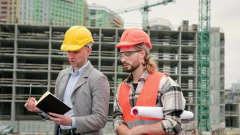 Work process on construction site, team cooperation Stock Photos