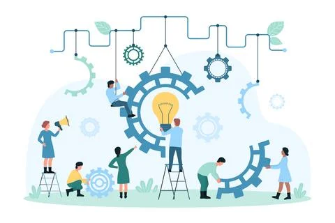 Work process on digital idea and innovation, tiny people holding parts of Illustrazione stock