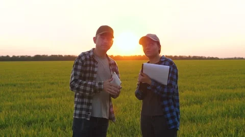Work process farmer man with tablet and farmer woman with documents yield Stock Footage 279942039