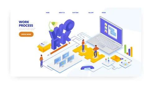 Work process, landing page design, website banner vector template. Teamwork Stock Illustration