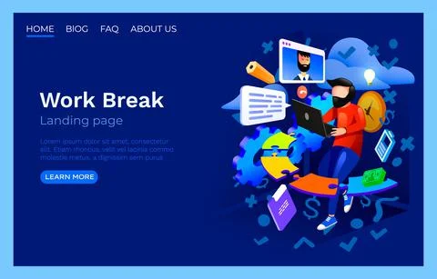 Work Process office room, landing page website, developer freelancer. Vector Stock Illustration