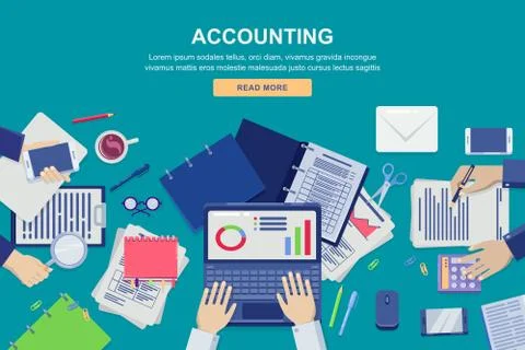 Work process in office, vector top view illustration. Accounting, business da Stock Illustration