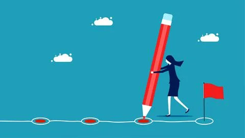 Work process. Track the progress of the project. businesswoman drawing workfl 스톡 일러스트