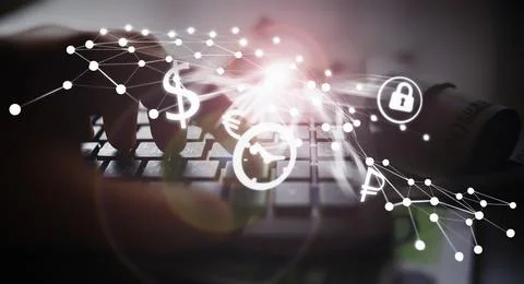 The work of a programmer and blogger on the Internet. Computer keyboard and.. Foto stock