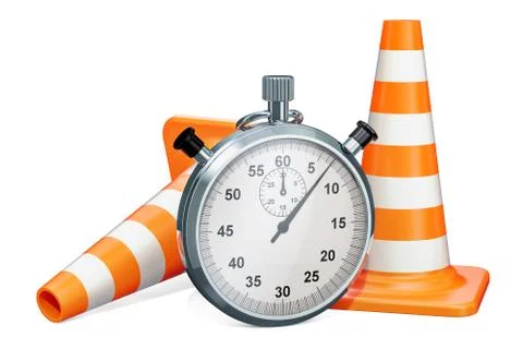 Work in progress concept. Road cones with stopwatch, 3D rendering Illustrazione stock