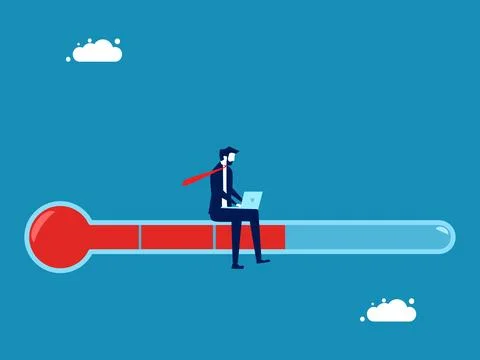 Work progress level. Businessman on thermometer measuring progress Illustrazione stock