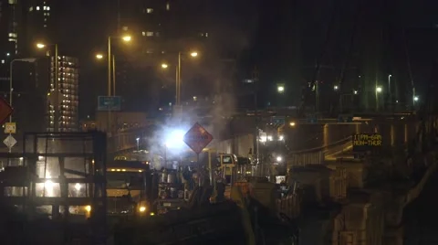 Work in progress near construction site of bridge, New York City Stock Footage 61132406