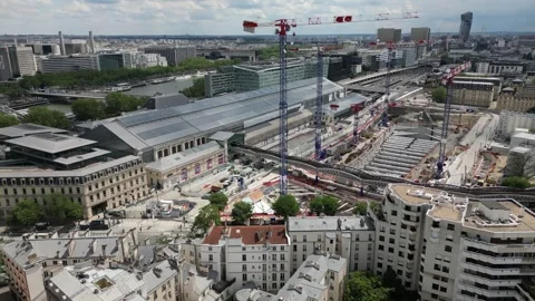 Work in progress at Paris Austerlitz station, France. Aerial drone Stock Footage 278856318
