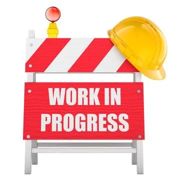 Work in Progress road barrier, construction sign with hard hat. 3D rendering Illustrazione stock