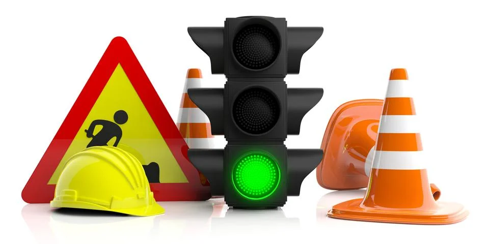 Work in progress. Road constuction signs isolated on white background. Green Stock Illustration