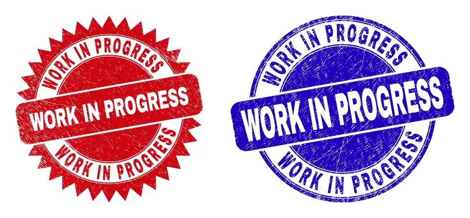 WORK IN PROGRESS Rounded and Rosette Seals with Grunge Texture 스톡 일러스트