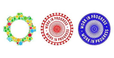 Work in Progress Scratched Rubber Imprints and Gear Collage of New Year Symbols Stock Illustration