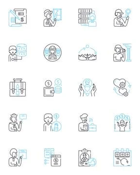 Work progression linear icons set. Advancement, Growth, Development Illustrazione stock