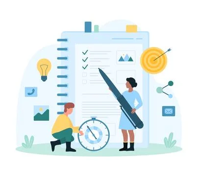 Work project planning, survey checklist, tiny people holding pen and timer to Illustrazione stock