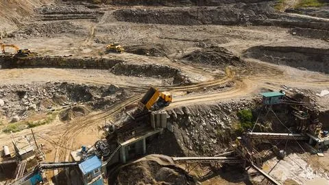The work of the quarry for the extraction of crushed stone Stock Photos