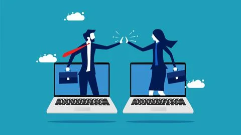 Work remotely or say hello online. High five businessman from laptop Stock Illustration