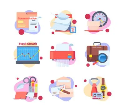 Work routine business set. Working office moments lunch break approaching Stock-Illustration