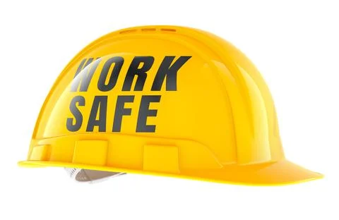 Work Safe, yellow construction hard hat with text. 3D rendering Stock Illustration