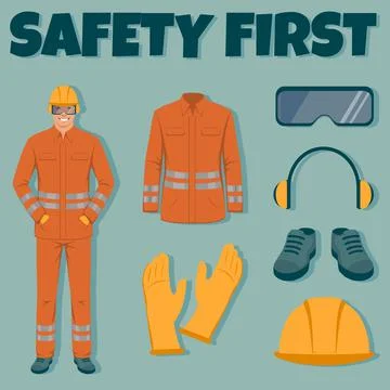 Work safety equipment. engineer wearing helmet, gloves, protective glasses Stock Illustration