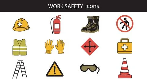 Work safety icons set. Vector illustration. Flat design. Safety equipment. Stock Illustration