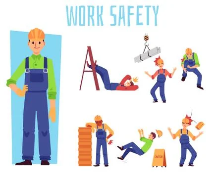 Work safety set with cartoon builder men in pain from falling objects Stock Illustration