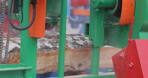 Work of the sawmill in close-up. Process of machining logs in equipment saw.. Stock Footage 252380036