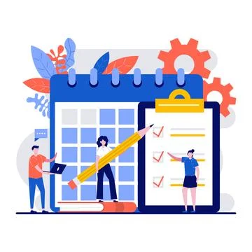 Work schedule, to-do list concept with tiny character. Managers plan a work.. Stock Illustration