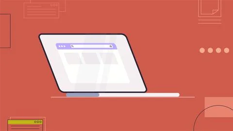 Work screen on laptop and abstract objects and shapes. Stock Illustration