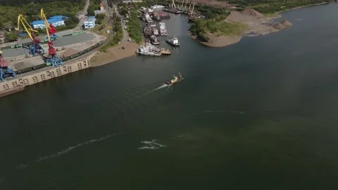 Work ship on Siberian river Stock Footage 137844983