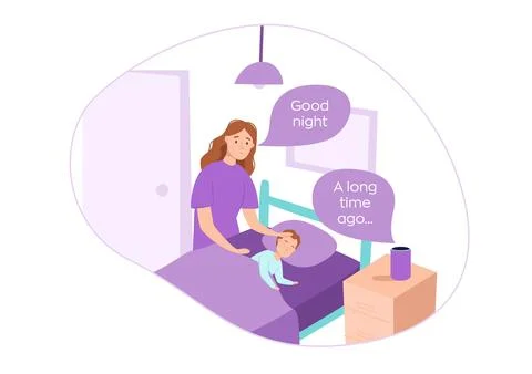 Work smart speaker concept. Mom asks the smart speaker to turn on a fairy t.. Stock Illustration