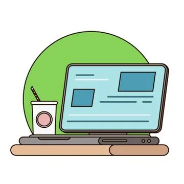 Work smart with technology on desktop business lifestyle in flat line graphic Stock Illustration