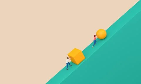 Work smarter not harder concept. pushing ball and cube up steep hill. 3D Illustrazione stock