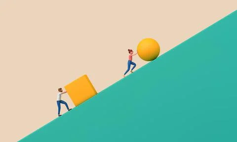 Work smarter not harder concept. pushing ball and cube up steep hill. 3D Illustrazione stock