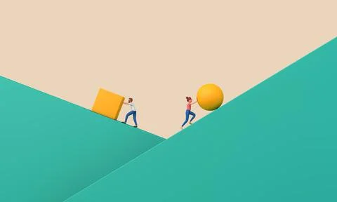 Work smarter not harder concept. pushing ball and cube up steep hill. 3D Illustrazione stock