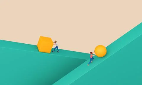 Work smarter not harder concept. pushing ball and cube up steep hill. 3D Illustrazione stock