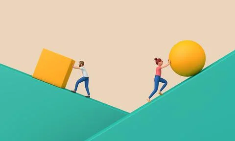 Work smarter not harder concept. pushing ball and cube up steep hill. 3D Stock Illustration