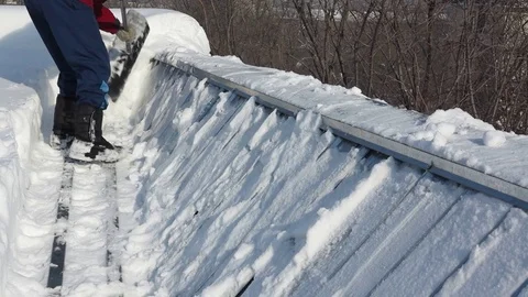 Work on the snow from the roof Stock Footage 70010659