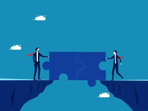 Work solutions. Two businessmen connect a jigsaw puzzle together to create .. Illustrazione stock