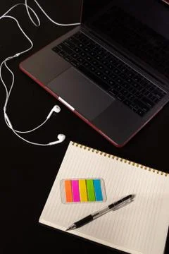Work space with computer and note taking Stock Photos