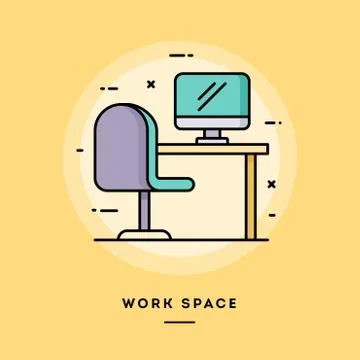 Work space, flat design thin line banner. Illustrazione stock