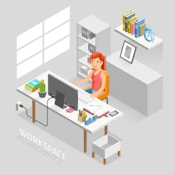 Work Space Isometric Flat Style. Business People Working On An Office Desk. 스톡 일러스트