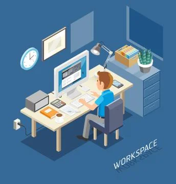 Work Space Isometric Flat Style. Business People Working On An Office Desk. Stock Illustration