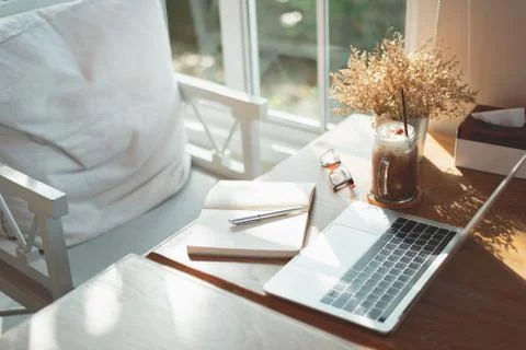 Work space, laptop and note book on the table in the cafe, copy space busines Stock Photos