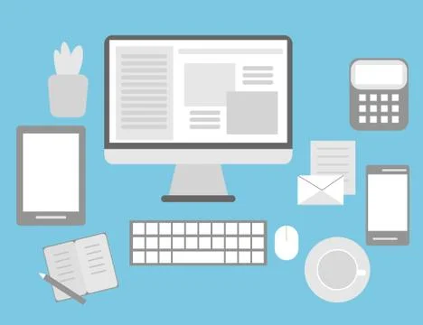 Work Space with Modern Devices and Coffee Cup. Flat Illustration Stock Illustration