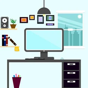 Work space office flat interior in cityscape, working place vector Stock Illustration